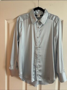 RACHEL Rachel Roy Pale Blue Satin Button-Front Dress Shirt
